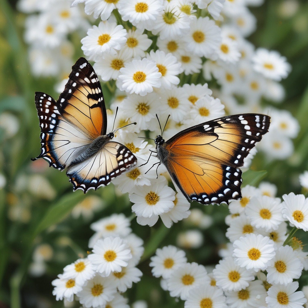 Two butterflies near white flowers